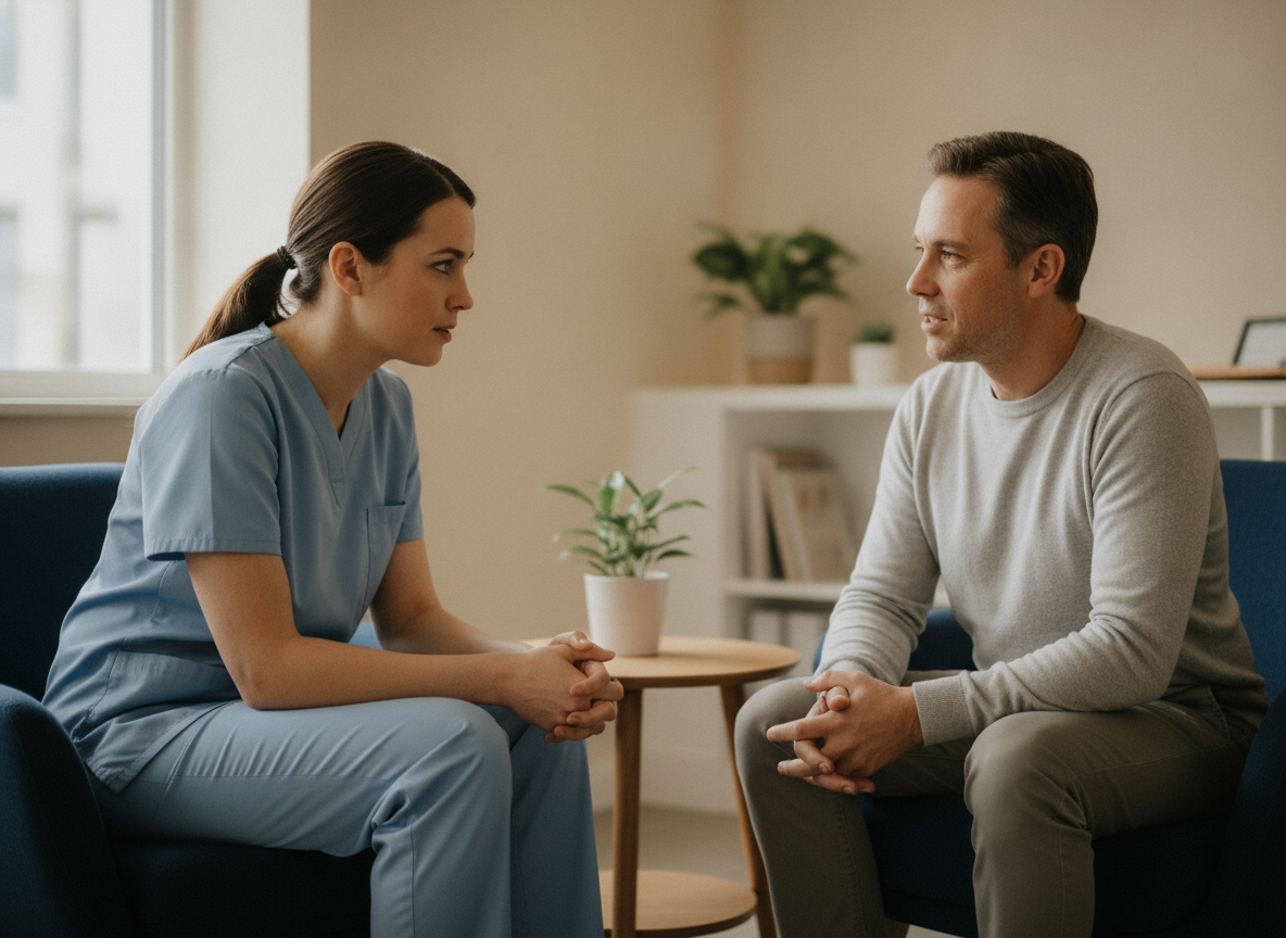 A healthcare provider in scrubs speaking with a patient in a bright, calm consultation room
